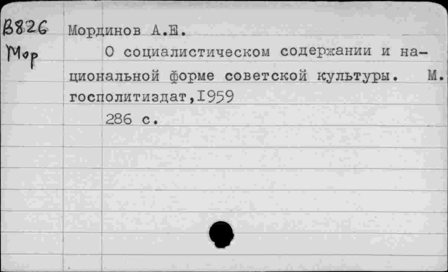 ﻿ß«2C	Mûdmhob A.В.	
М-р		0 социалистическом содержании и на—
I	циональной Форме советской культуры. М.	
	госполитиздат,1959	
		286 с.
		
		’		
		
		
		А
		
	•		Î